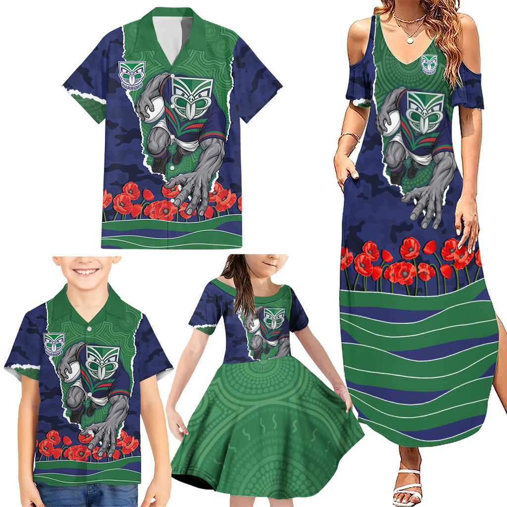 Personalized New Zealand Warriors ANZAC Tribute Family Matching Summer Maxi Dress and Hawaiian Shirt Poppy Field Soldier Silhouette Aboriginal Rugby Mascot