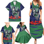 Personalized New Zealand Warriors ANZAC Tribute Family Matching Summer Maxi Dress and Hawaiian Shirt Poppy Field Soldier Silhouette Aboriginal Rugby Mascot