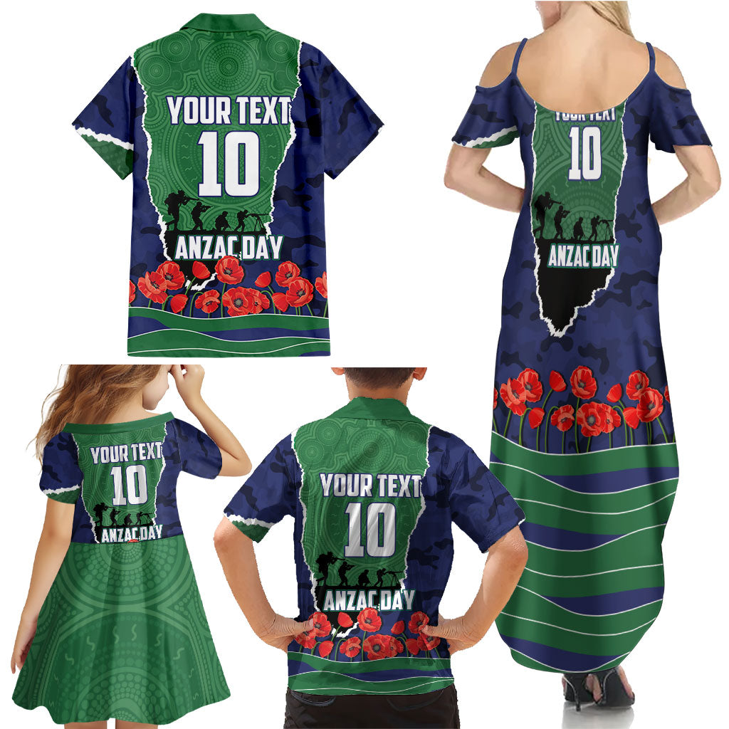 Personalized New Zealand Warriors ANZAC Tribute Family Matching Summer Maxi Dress and Hawaiian Shirt Poppy Field Soldier Silhouette Aboriginal Rugby Mascot