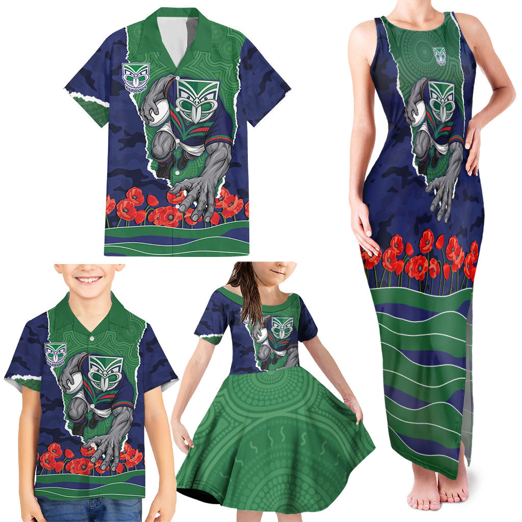 Personalized New Zealand Warriors ANZAC Tribute Family Matching Tank Maxi Dress and Hawaiian Shirt Poppy Field Soldier Silhouette Aboriginal Rugby Mascot