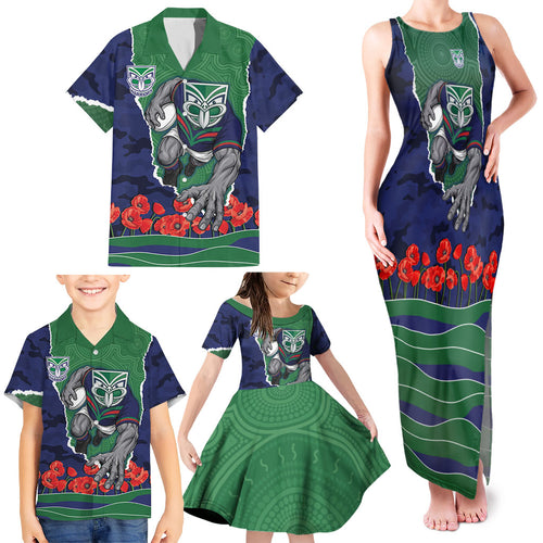 Personalized New Zealand Warriors ANZAC Tribute Family Matching Tank Maxi Dress and Hawaiian Shirt Poppy Field Soldier Silhouette Aboriginal Rugby Mascot