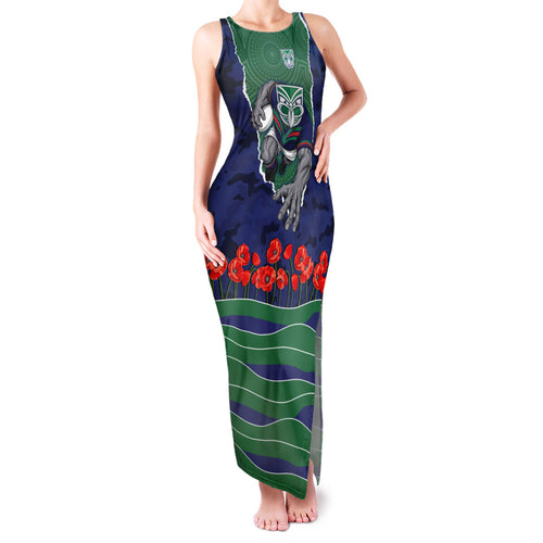 Personalized New Zealand Warriors ANZAC Tribute Family Matching Tank Maxi Dress and Hawaiian Shirt Poppy Field Soldier Silhouette Aboriginal Rugby Mascot