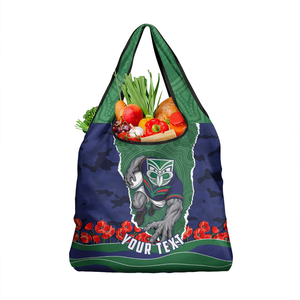 Personalized New Zealand Warriors ANZAC Tribute Grocery Bag Poppy Field Soldier Silhouette Aboriginal Rugby Mascot