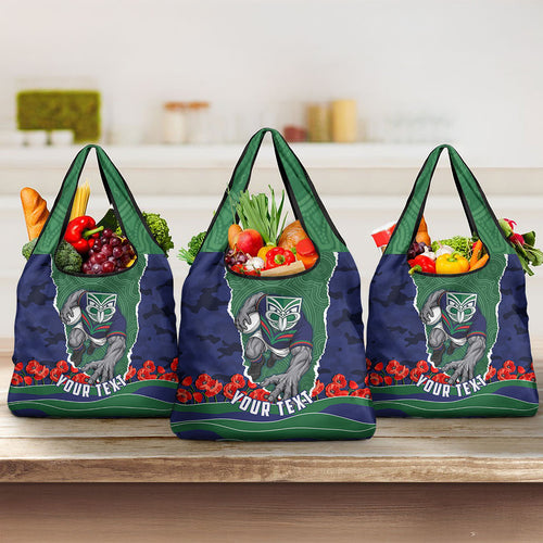 Personalized New Zealand Warriors ANZAC Tribute Grocery Bag Poppy Field Soldier Silhouette Aboriginal Rugby Mascot