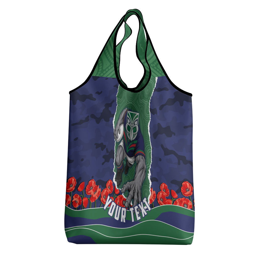 Personalized New Zealand Warriors ANZAC Tribute Grocery Bag Poppy Field Soldier Silhouette Aboriginal Rugby Mascot