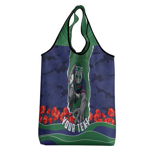 Personalized New Zealand Warriors ANZAC Tribute Grocery Bag Poppy Field Soldier Silhouette Aboriginal Rugby Mascot