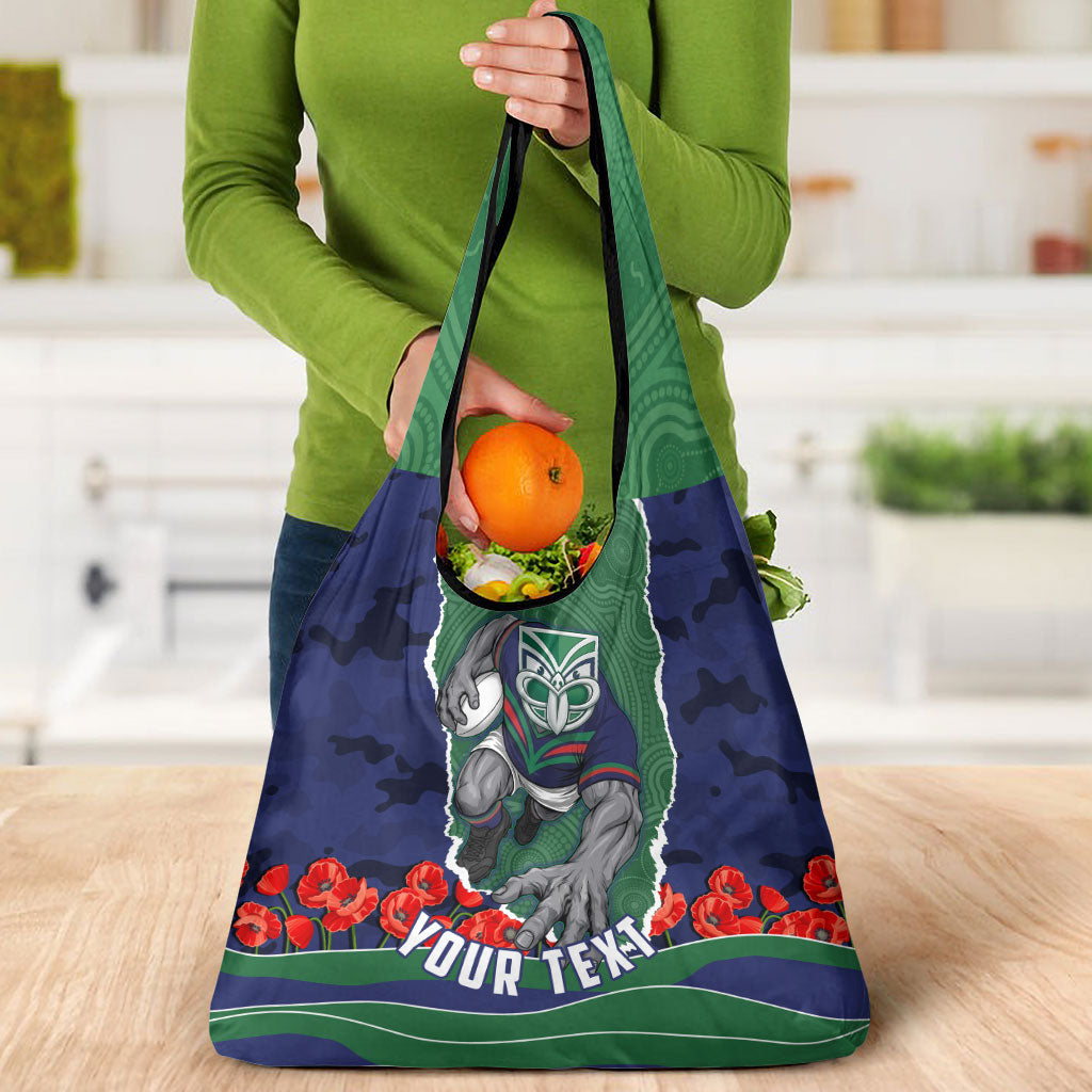 Personalized New Zealand Warriors ANZAC Tribute Grocery Bag Poppy Field Soldier Silhouette Aboriginal Rugby Mascot