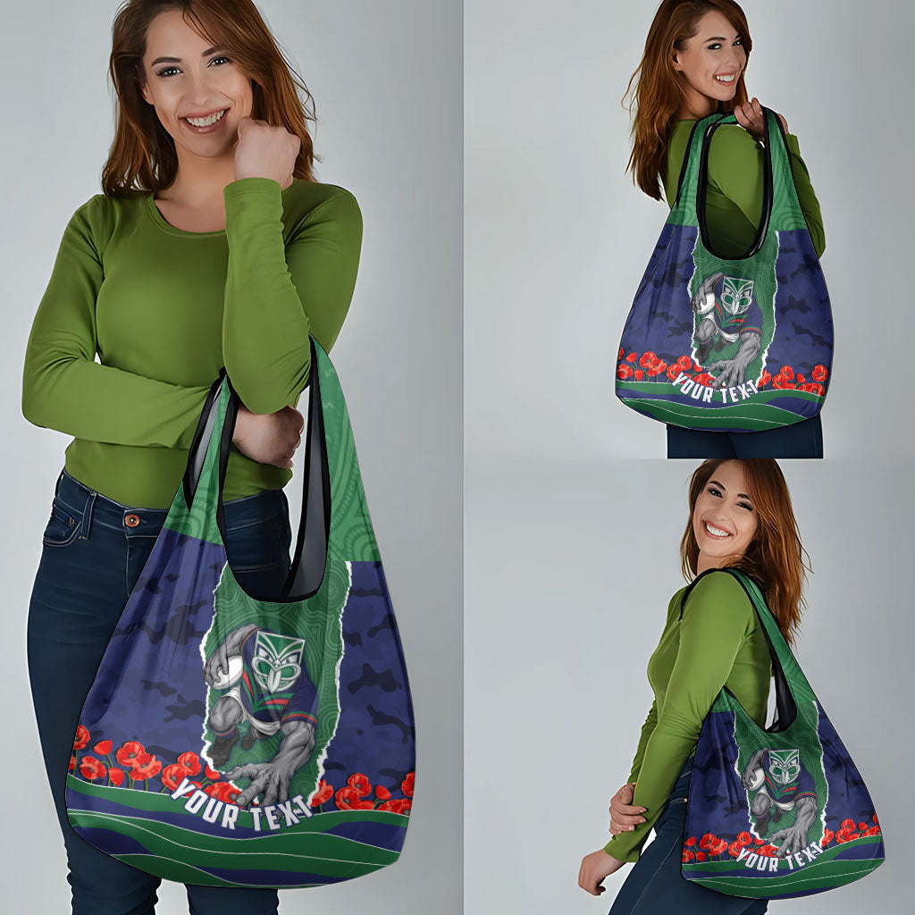 Personalized New Zealand Warriors ANZAC Tribute Grocery Bag Poppy Field Soldier Silhouette Aboriginal Rugby Mascot