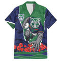 Personalized New Zealand Warriors ANZAC Tribute Hawaiian Shirt Poppy Field Soldier Silhouette Aboriginal Rugby Mascot