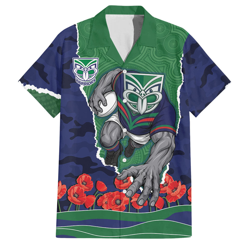 Personalized New Zealand Warriors ANZAC Tribute Hawaiian Shirt Poppy Field Soldier Silhouette Aboriginal Rugby Mascot
