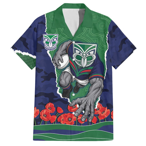 Personalized New Zealand Warriors ANZAC Tribute Hawaiian Shirt Poppy Field Soldier Silhouette Aboriginal Rugby Mascot