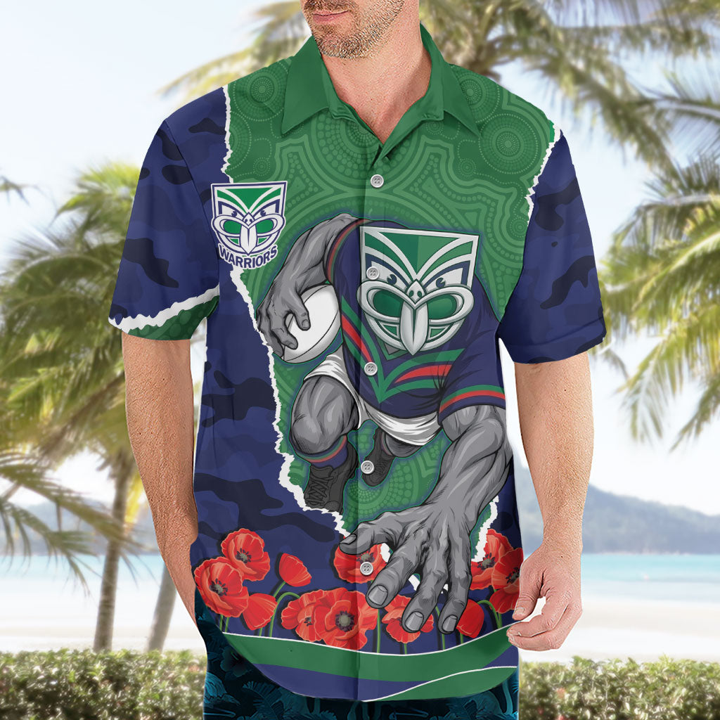 Personalized New Zealand Warriors ANZAC Tribute Hawaiian Shirt Poppy Field Soldier Silhouette Aboriginal Rugby Mascot