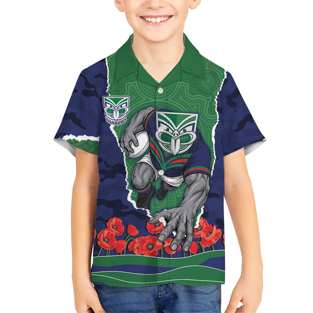Personalized New Zealand Warriors ANZAC Tribute Hawaiian Shirt Poppy Field Soldier Silhouette Aboriginal Rugby Mascot