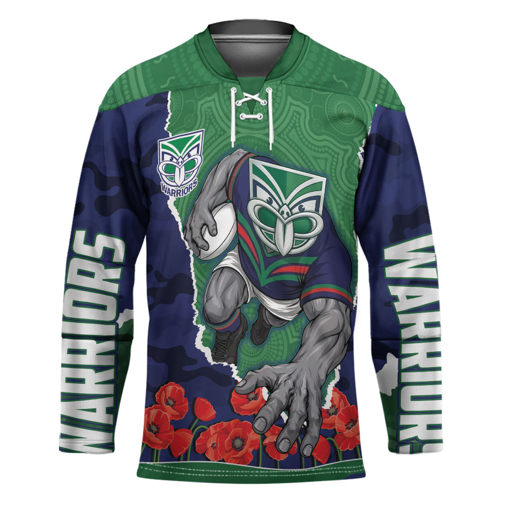 Personalized New Zealand Warriors ANZAC Tribute Hockey Jersey Poppy Field Soldier Silhouette Aboriginal Rugby Mascot