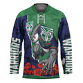 Personalized New Zealand Warriors ANZAC Tribute Hockey Jersey Poppy Field Soldier Silhouette Aboriginal Rugby Mascot