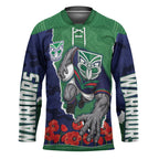 Personalized New Zealand Warriors ANZAC Tribute Hockey Jersey Poppy Field Soldier Silhouette Aboriginal Rugby Mascot