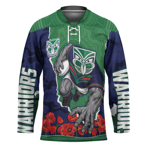 Personalized New Zealand Warriors ANZAC Tribute Hockey Jersey Poppy Field Soldier Silhouette Aboriginal Rugby Mascot