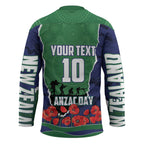 Personalized New Zealand Warriors ANZAC Tribute Hockey Jersey Poppy Field Soldier Silhouette Aboriginal Rugby Mascot
