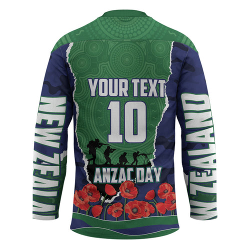 Personalized New Zealand Warriors ANZAC Tribute Hockey Jersey Poppy Field Soldier Silhouette Aboriginal Rugby Mascot