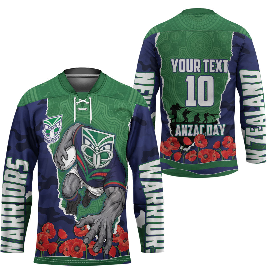 Personalized New Zealand Warriors ANZAC Tribute Hockey Jersey Poppy Field Soldier Silhouette Aboriginal Rugby Mascot