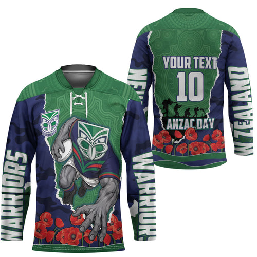 Personalized New Zealand Warriors ANZAC Tribute Hockey Jersey Poppy Field Soldier Silhouette Aboriginal Rugby Mascot