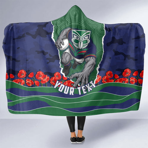 Personalized New Zealand Warriors ANZAC Tribute Hooded Blanket Poppy Field Soldier Silhouette Aboriginal Rugby Mascot