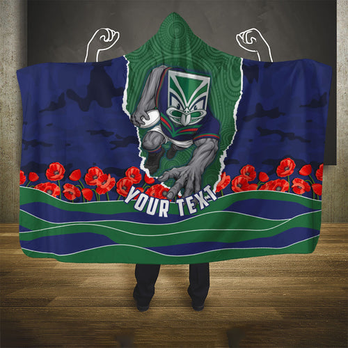 Personalized New Zealand Warriors ANZAC Tribute Hooded Blanket Poppy Field Soldier Silhouette Aboriginal Rugby Mascot