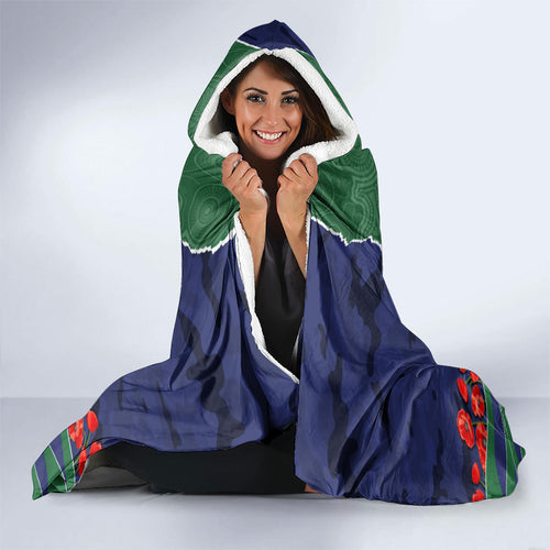 Personalized New Zealand Warriors ANZAC Tribute Hooded Blanket Poppy Field Soldier Silhouette Aboriginal Rugby Mascot