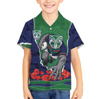 Personalized New Zealand Warriors ANZAC Tribute Kid Hawaiian Shirt Poppy Field Soldier Silhouette Aboriginal Rugby Mascot