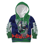 Personalized New Zealand Warriors ANZAC Tribute Kid Hoodie Poppy Field Soldier Silhouette Aboriginal Rugby Mascot