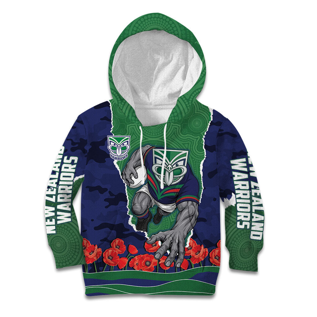 Personalized New Zealand Warriors ANZAC Tribute Kid Hoodie Poppy Field Soldier Silhouette Aboriginal Rugby Mascot