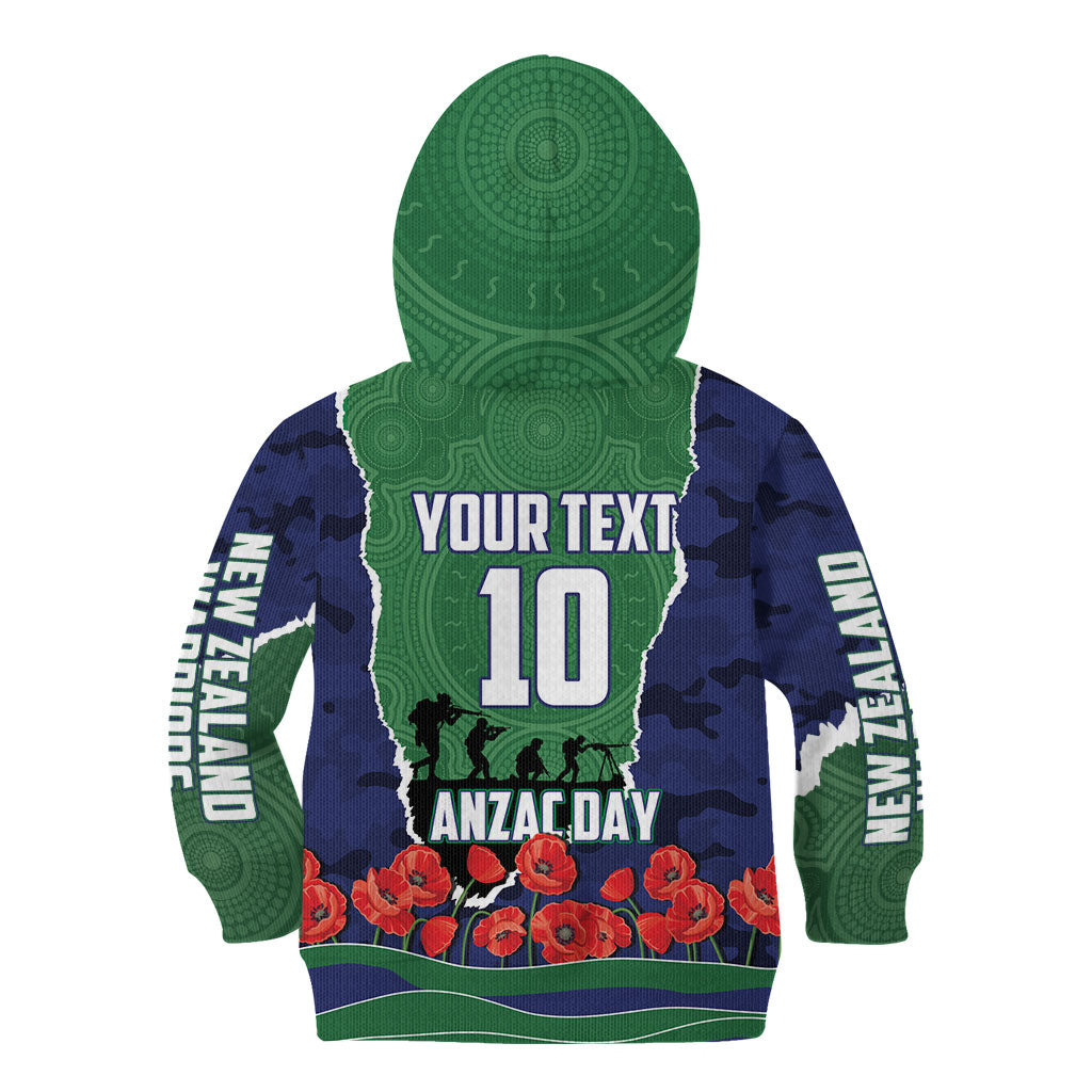 Personalized New Zealand Warriors ANZAC Tribute Kid Hoodie Poppy Field Soldier Silhouette Aboriginal Rugby Mascot
