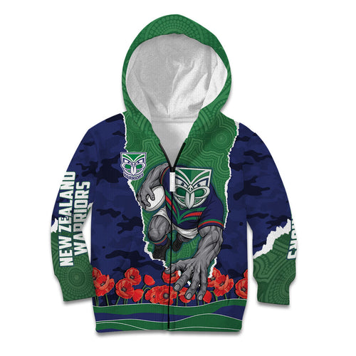 Personalized New Zealand Warriors ANZAC Tribute Kid Hoodie Poppy Field Soldier Silhouette Aboriginal Rugby Mascot