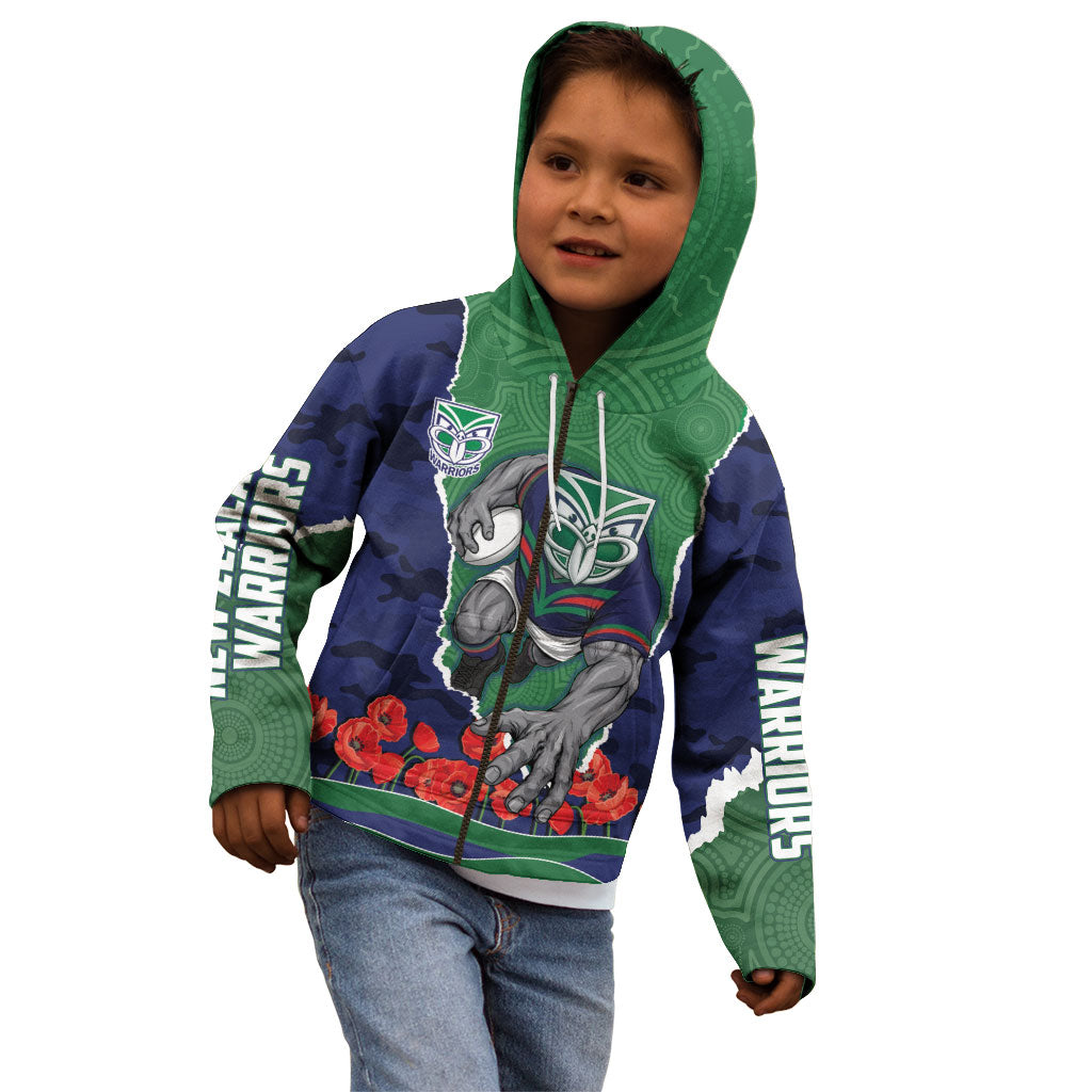 Personalized New Zealand Warriors ANZAC Tribute Kid Hoodie Poppy Field Soldier Silhouette Aboriginal Rugby Mascot