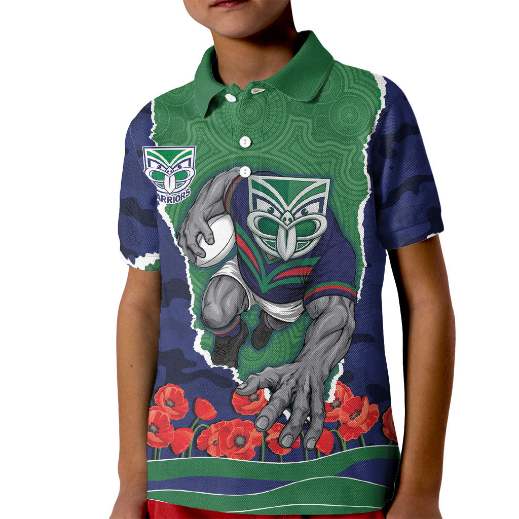Personalized New Zealand Warriors ANZAC Tribute Kid Polo Shirt Poppy Field Soldier Silhouette Aboriginal Rugby Mascot