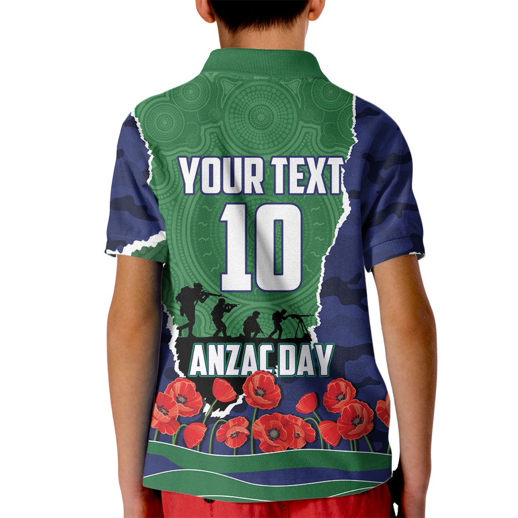 Personalized New Zealand Warriors ANZAC Tribute Kid Polo Shirt Poppy Field Soldier Silhouette Aboriginal Rugby Mascot