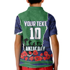 Personalized New Zealand Warriors ANZAC Tribute Kid Polo Shirt Poppy Field Soldier Silhouette Aboriginal Rugby Mascot