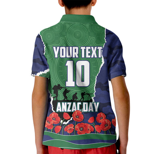 Personalized New Zealand Warriors ANZAC Tribute Kid Polo Shirt Poppy Field Soldier Silhouette Aboriginal Rugby Mascot