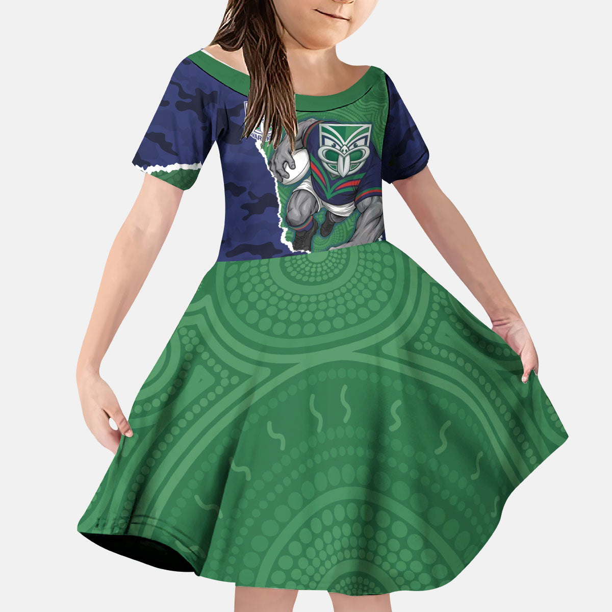 Personalized New Zealand Warriors ANZAC Tribute Kid Short Sleeve Dress Poppy Field Soldier Silhouette Aboriginal Rugby Mascot