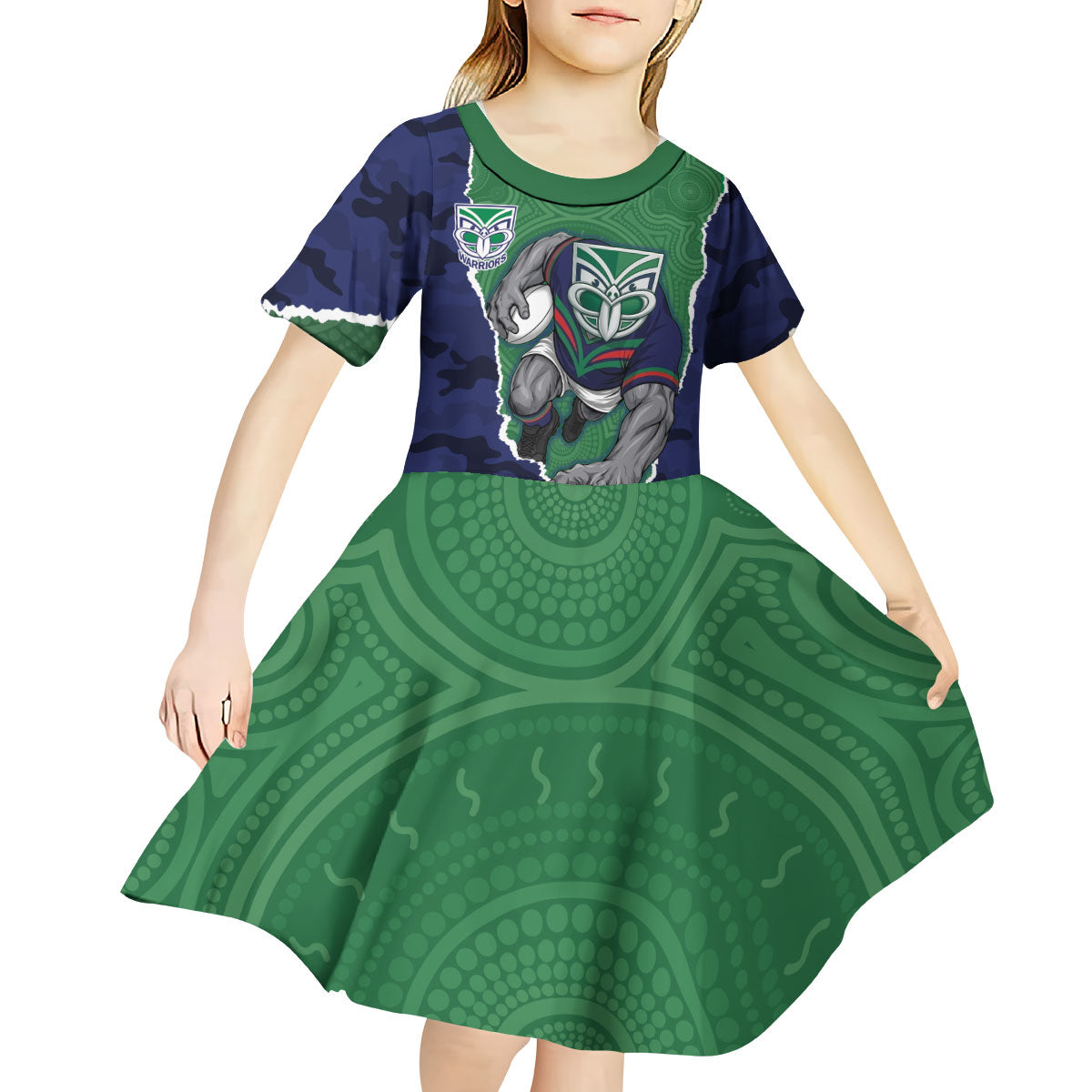 Personalized New Zealand Warriors ANZAC Tribute Kid Short Sleeve Dress Poppy Field Soldier Silhouette Aboriginal Rugby Mascot