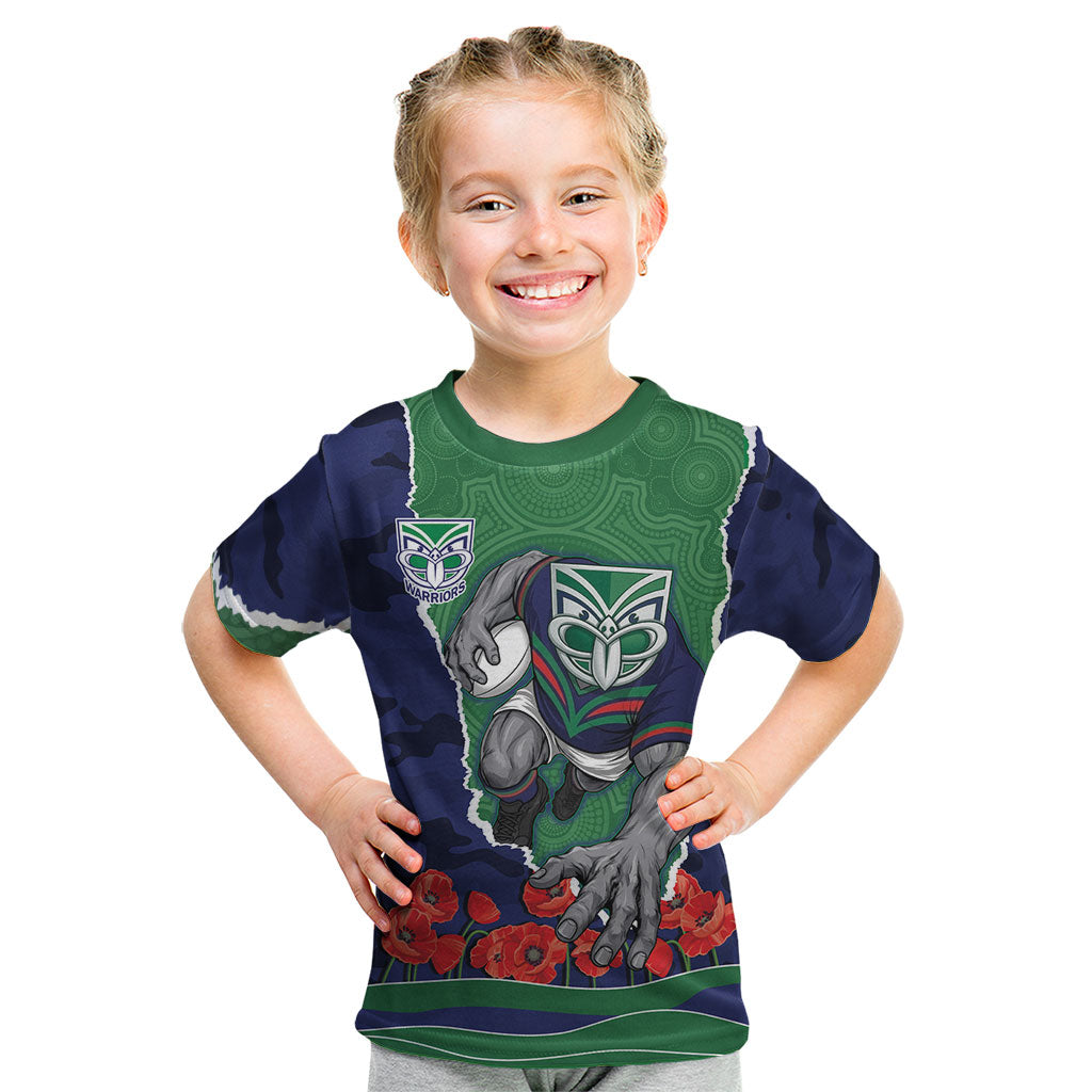 Personalized New Zealand Warriors ANZAC Tribute Kid T Shirt Poppy Field Soldier Silhouette Aboriginal Rugby Mascot