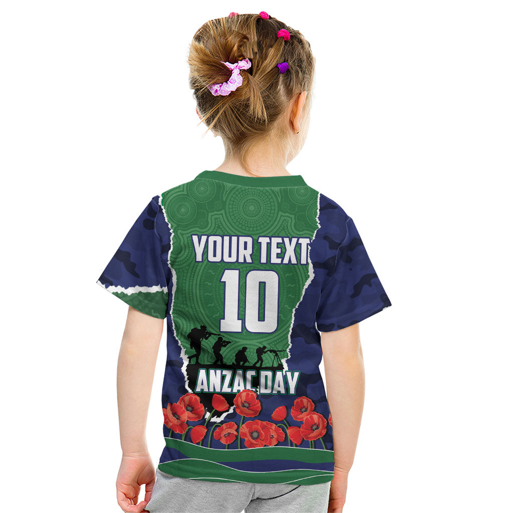 Personalized New Zealand Warriors ANZAC Tribute Kid T Shirt Poppy Field Soldier Silhouette Aboriginal Rugby Mascot