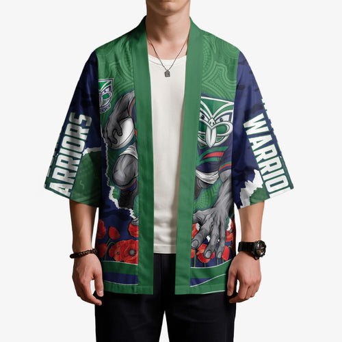 Personalized New Zealand Warriors ANZAC Tribute Kimono Poppy Field Soldier Silhouette Aboriginal Rugby Mascot