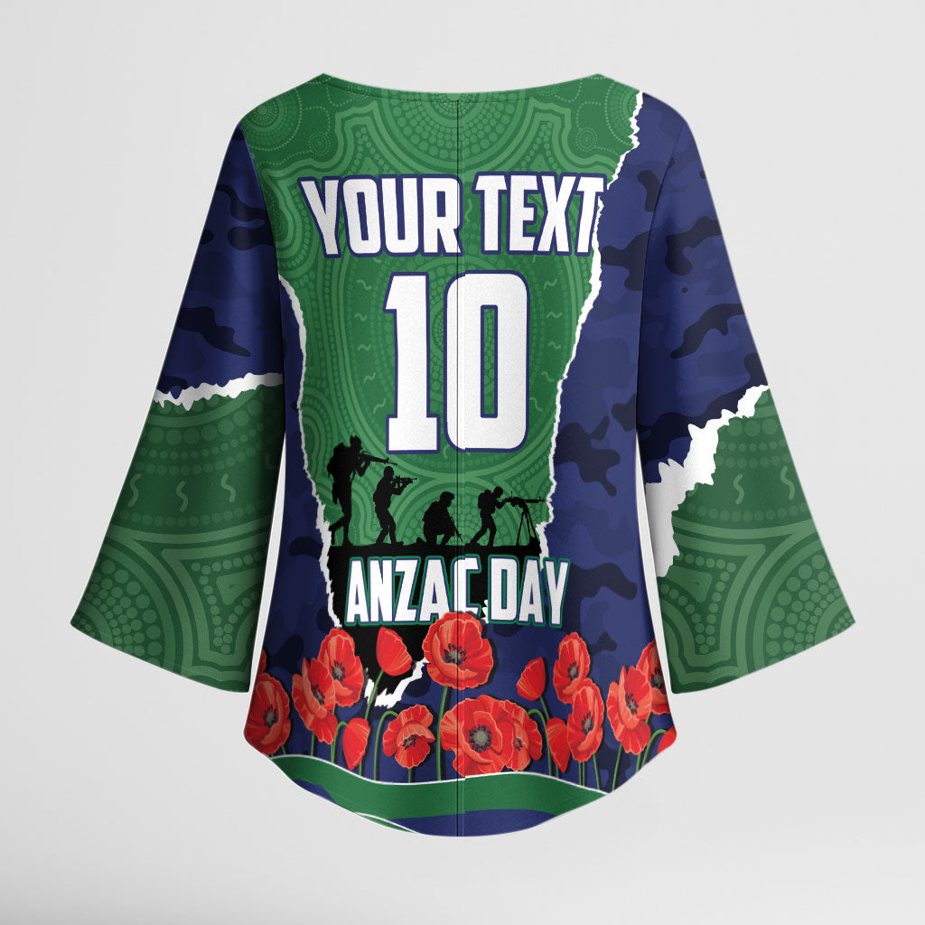 Personalized New Zealand Warriors ANZAC Tribute Kimono Sleeve Blouse Poppy Field Soldier Silhouette Aboriginal Rugby Mascot