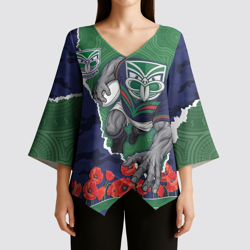 Personalized New Zealand Warriors ANZAC Tribute Kimono Sleeve Blouse Poppy Field Soldier Silhouette Aboriginal Rugby Mascot