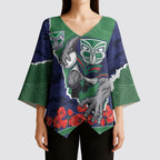 Personalized New Zealand Warriors ANZAC Tribute Kimono Sleeve Blouse Poppy Field Soldier Silhouette Aboriginal Rugby Mascot