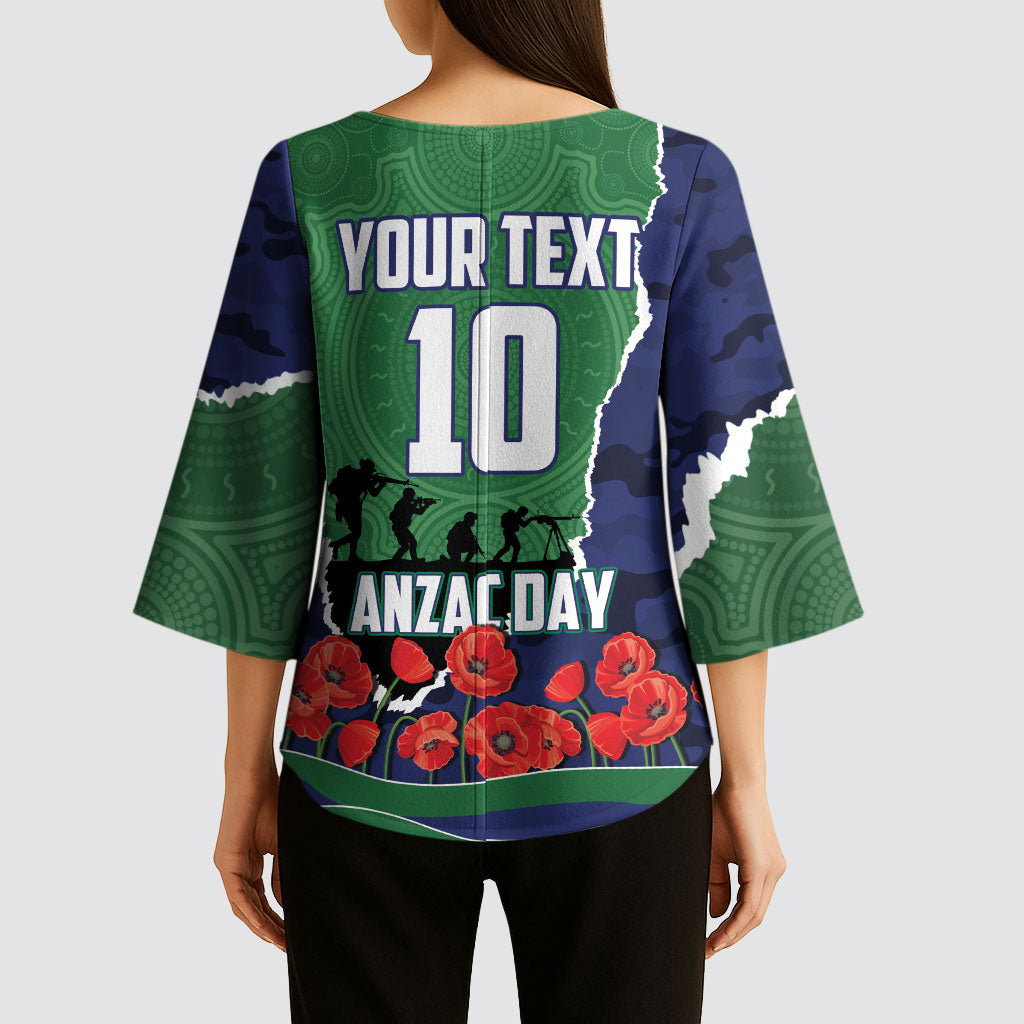 Personalized New Zealand Warriors ANZAC Tribute Kimono Sleeve Blouse Poppy Field Soldier Silhouette Aboriginal Rugby Mascot