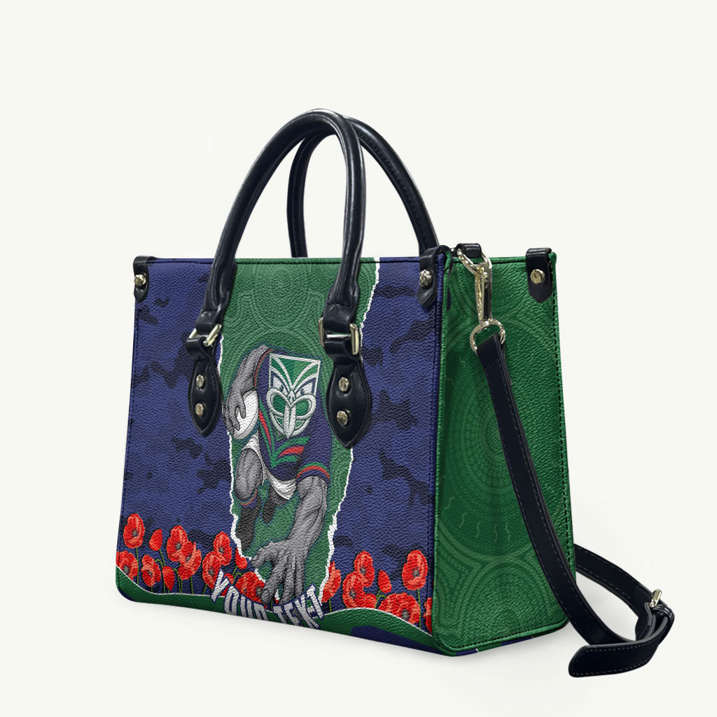 Personalized New Zealand Warriors ANZAC Tribute Leather Bag Poppy Field Soldier Silhouette Aboriginal Rugby Mascot