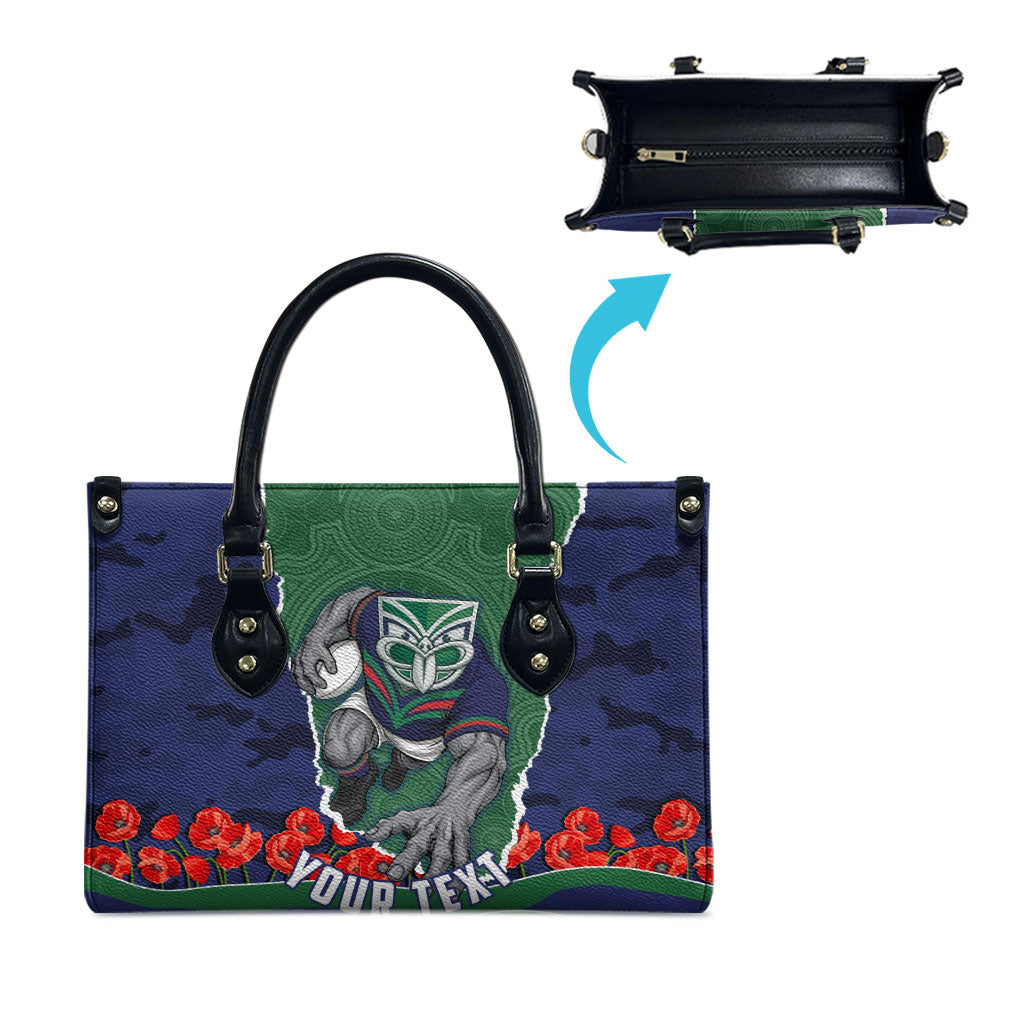 Personalized New Zealand Warriors ANZAC Tribute Leather Bag Poppy Field Soldier Silhouette Aboriginal Rugby Mascot
