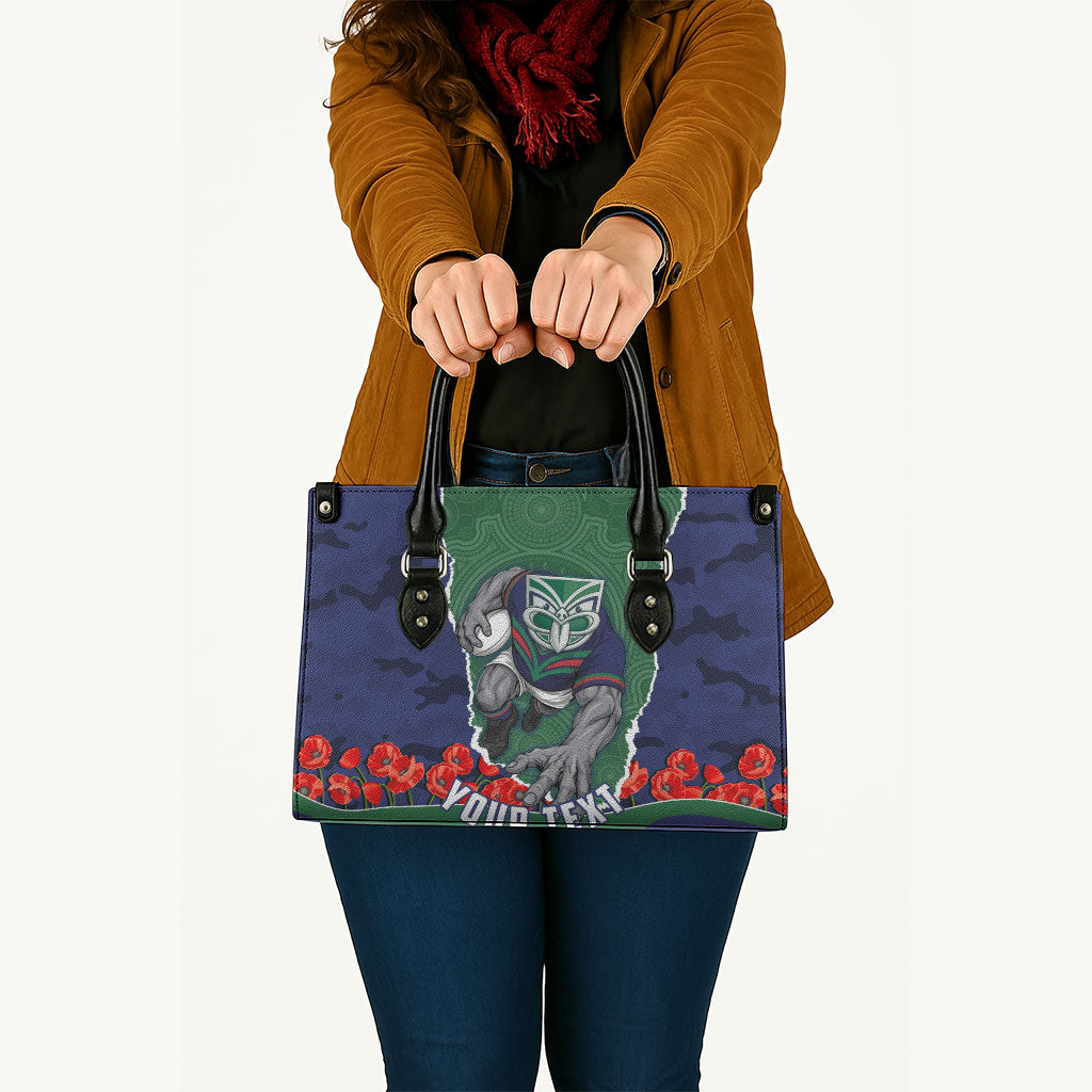 Personalized New Zealand Warriors ANZAC Tribute Leather Bag Poppy Field Soldier Silhouette Aboriginal Rugby Mascot